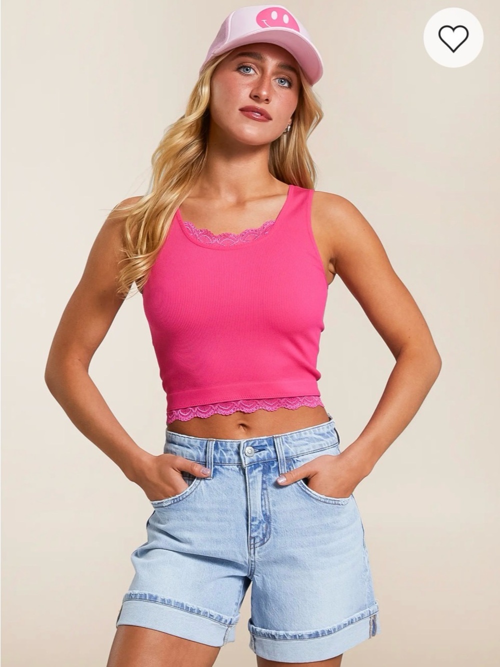 Lace-Trim Ribbed Tank Top in Bright Pink